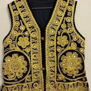 1970s Vintage Black and Gold Embroidered Vest